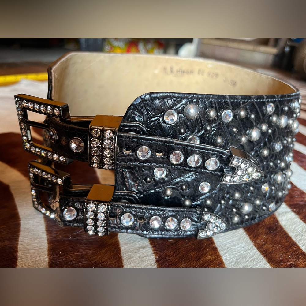 Vintage wide B.B. Simon Black Swarovski harness waist cinch bucket belt - Picture 4 of 13